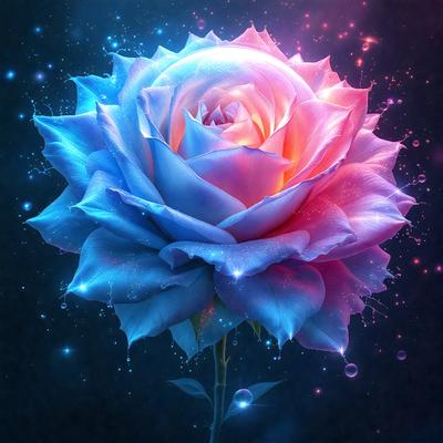 The primary subject of the image is a single, large, blue and pink rose. The rose is prominently displayed in the foreground, with a background of a dark blue sky. The visual style of the image is a combination of photo and digital art, creating a vibrant and colorful scene. The dominant colors of the rose are blue and pink, giving the image a lively and cheerful atmosphere.